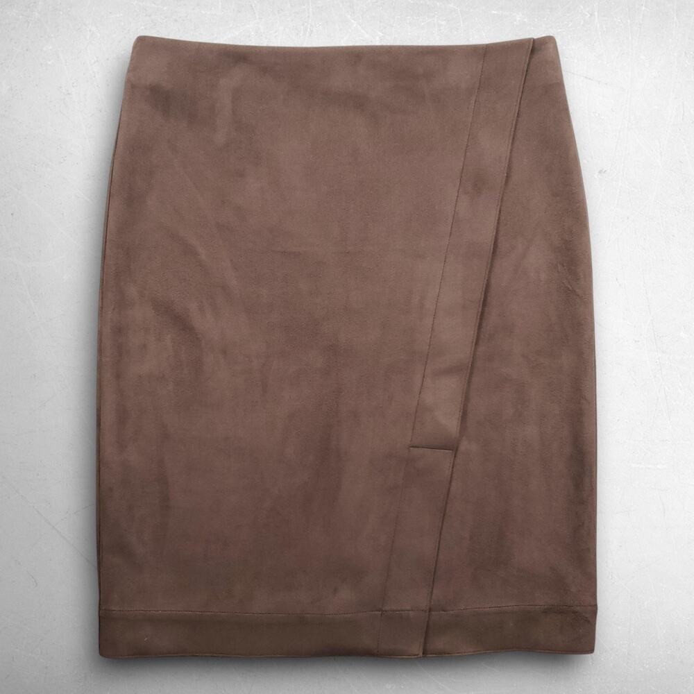 ANN‎ TAYLOR Faux Suede Skirt Women 14 Brown Wrap Style Lined Back Zip Front Slit